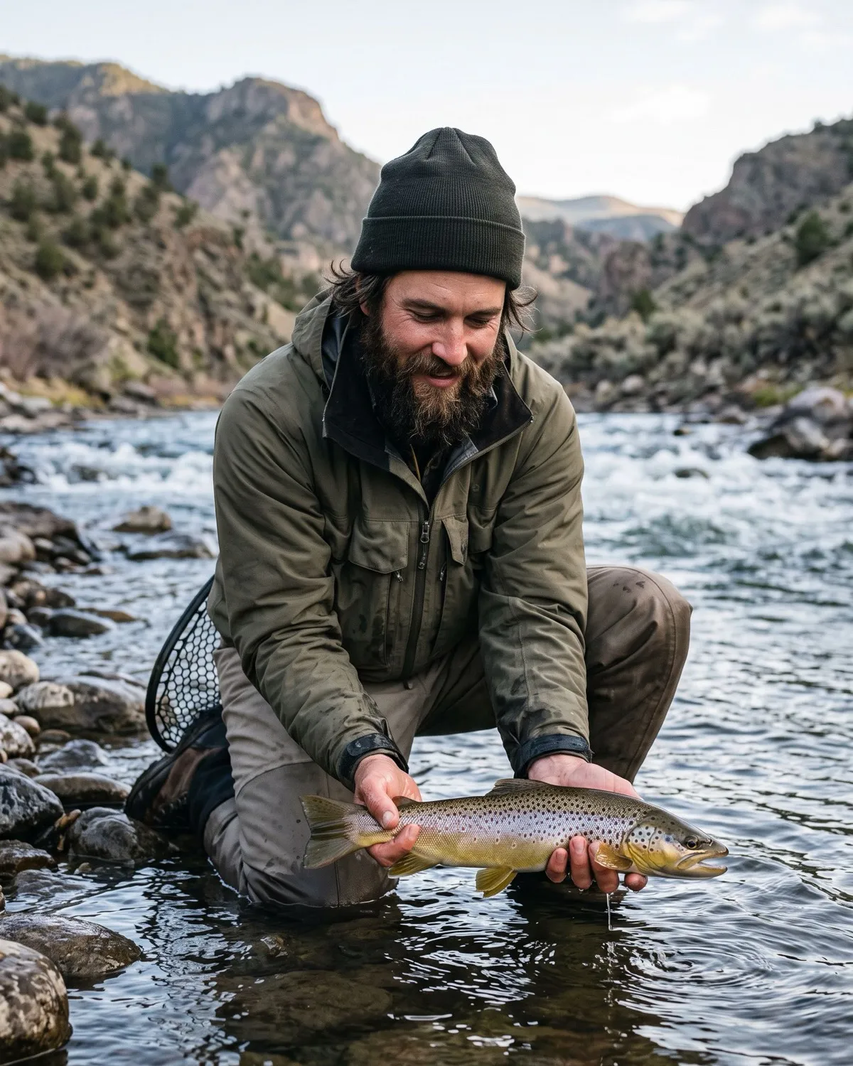 Cal Whitaker holding a brown trout over the water
