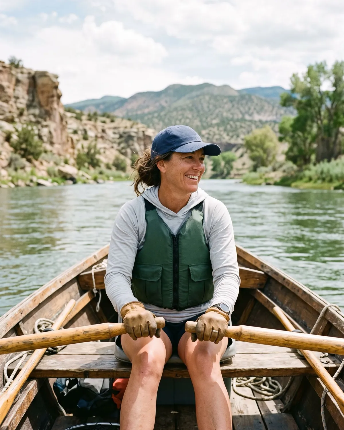 Jess Navarro, owner and head guide, at the oars of a drift boat
