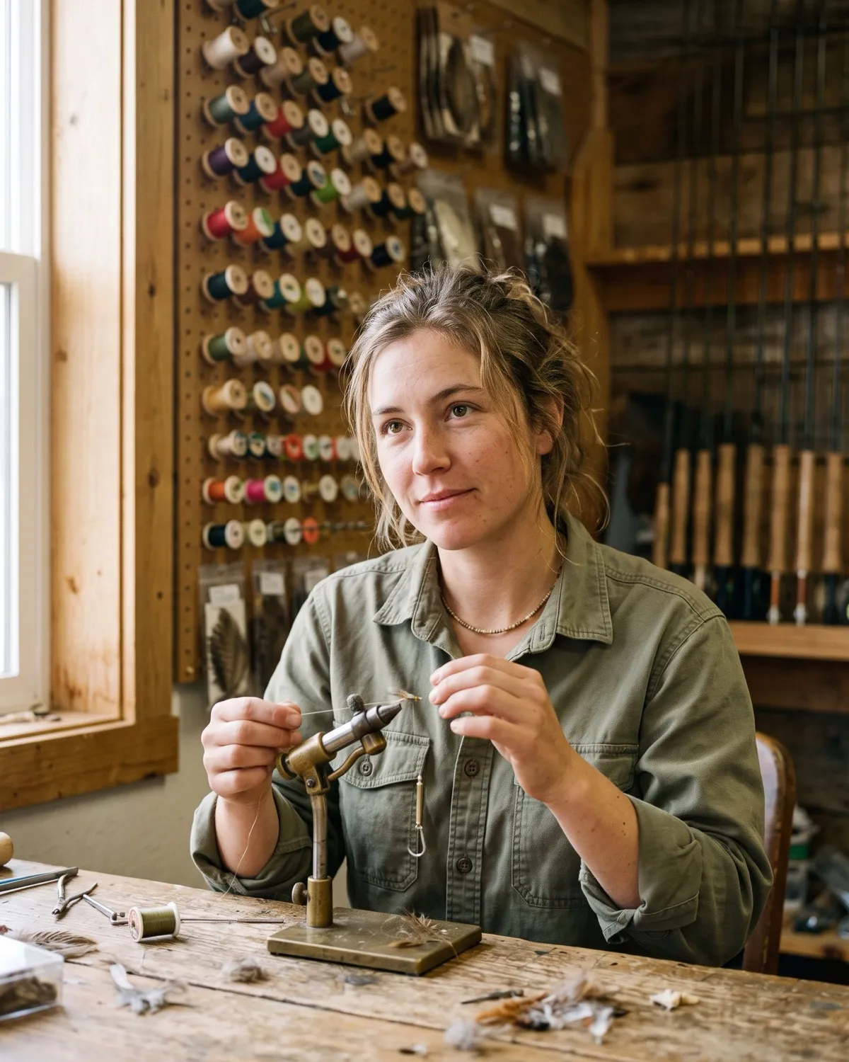 Mae Tsosie tying a fly at a vise in the fly shop