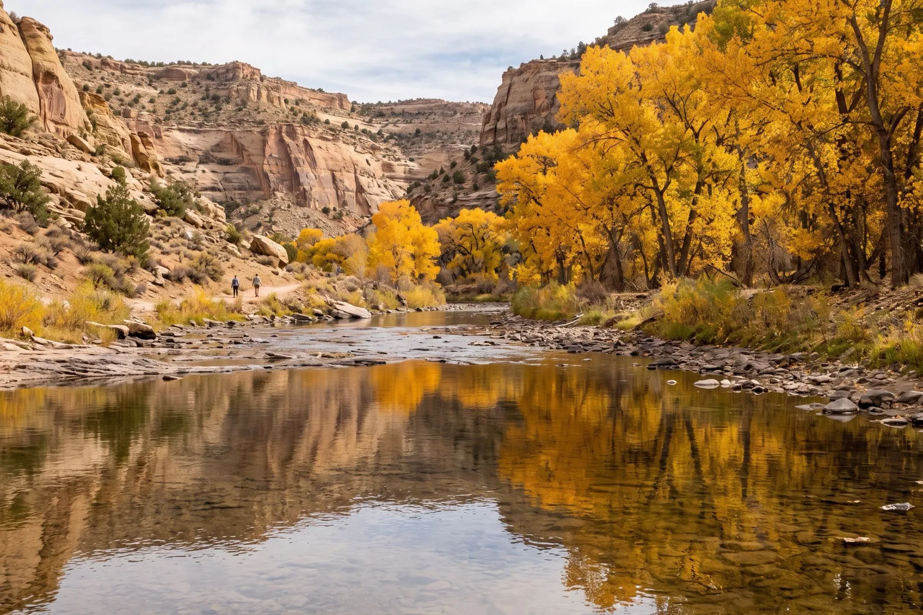 Golden cottonwoods reflected in a low, clear river in a canyon