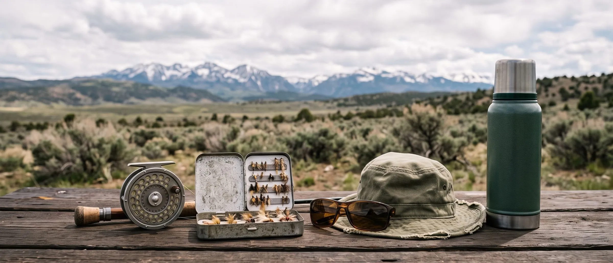 A flat lay of fly-fishing gear on a wooden table: a reel, a fly box, polarized sunglasses, a hat, and a thermos