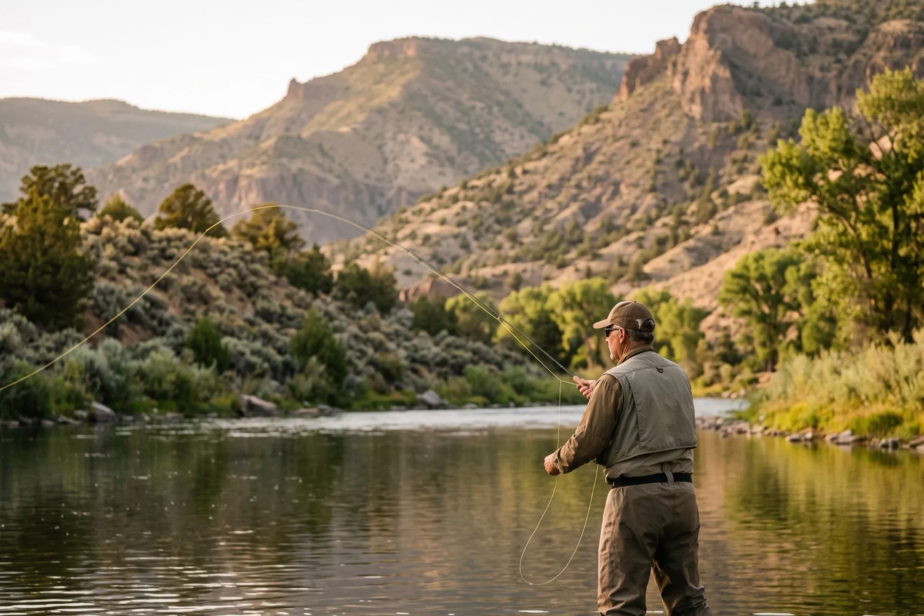 An angler casting into golden evening light on a calm stretch of river