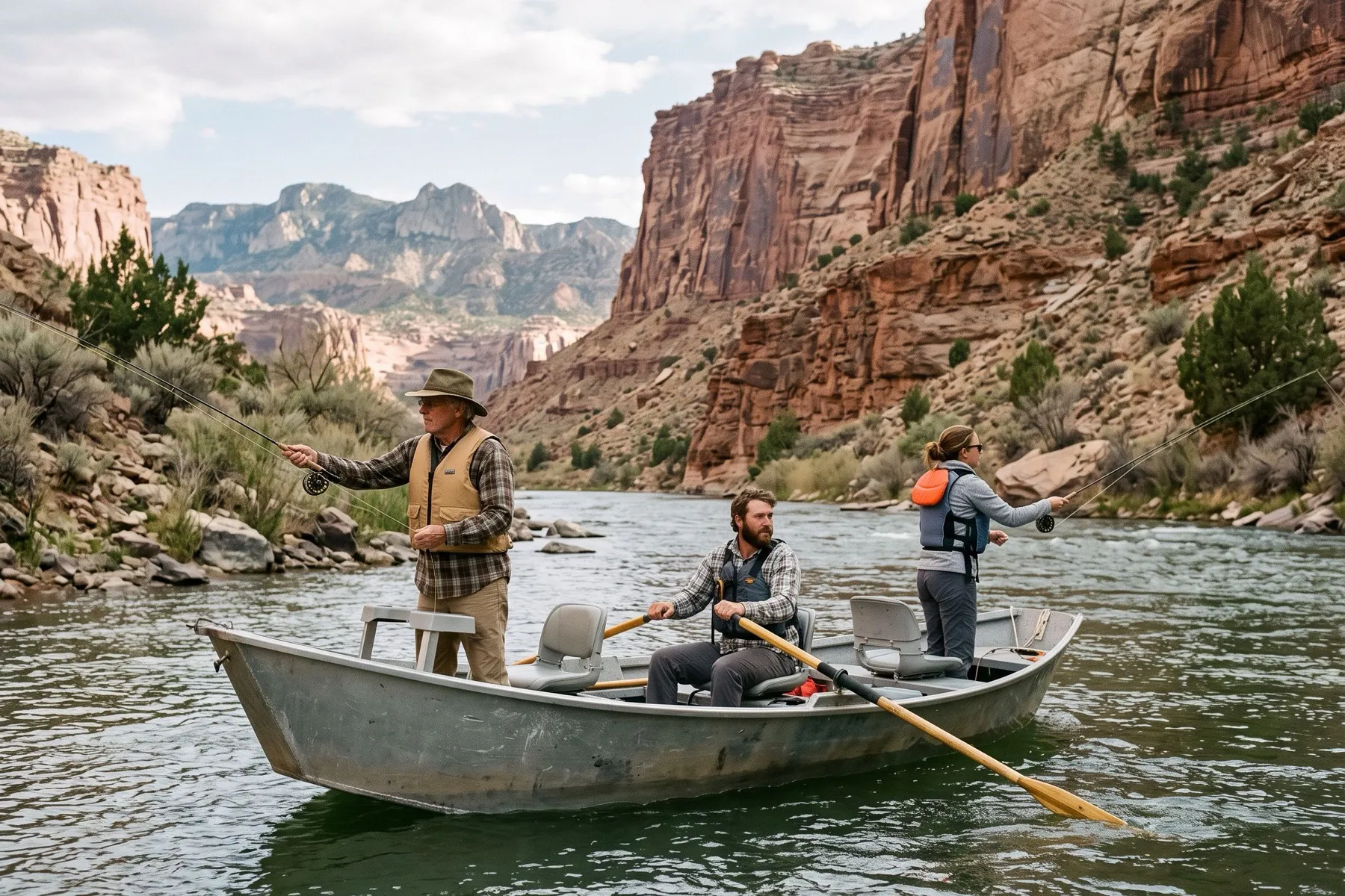 Two anglers casting from a drift boat beneath tall canyon walls