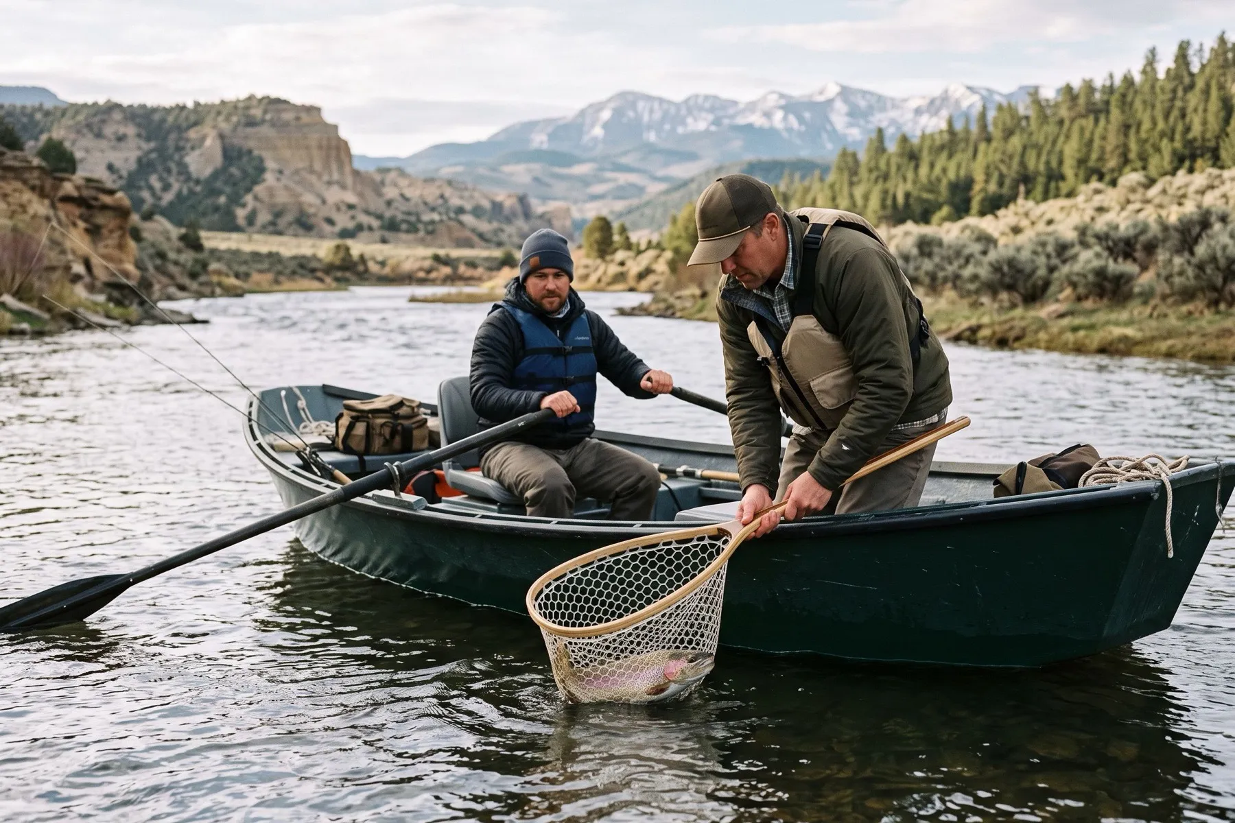An angler in a drift boat netting a rainbow trout in morning light