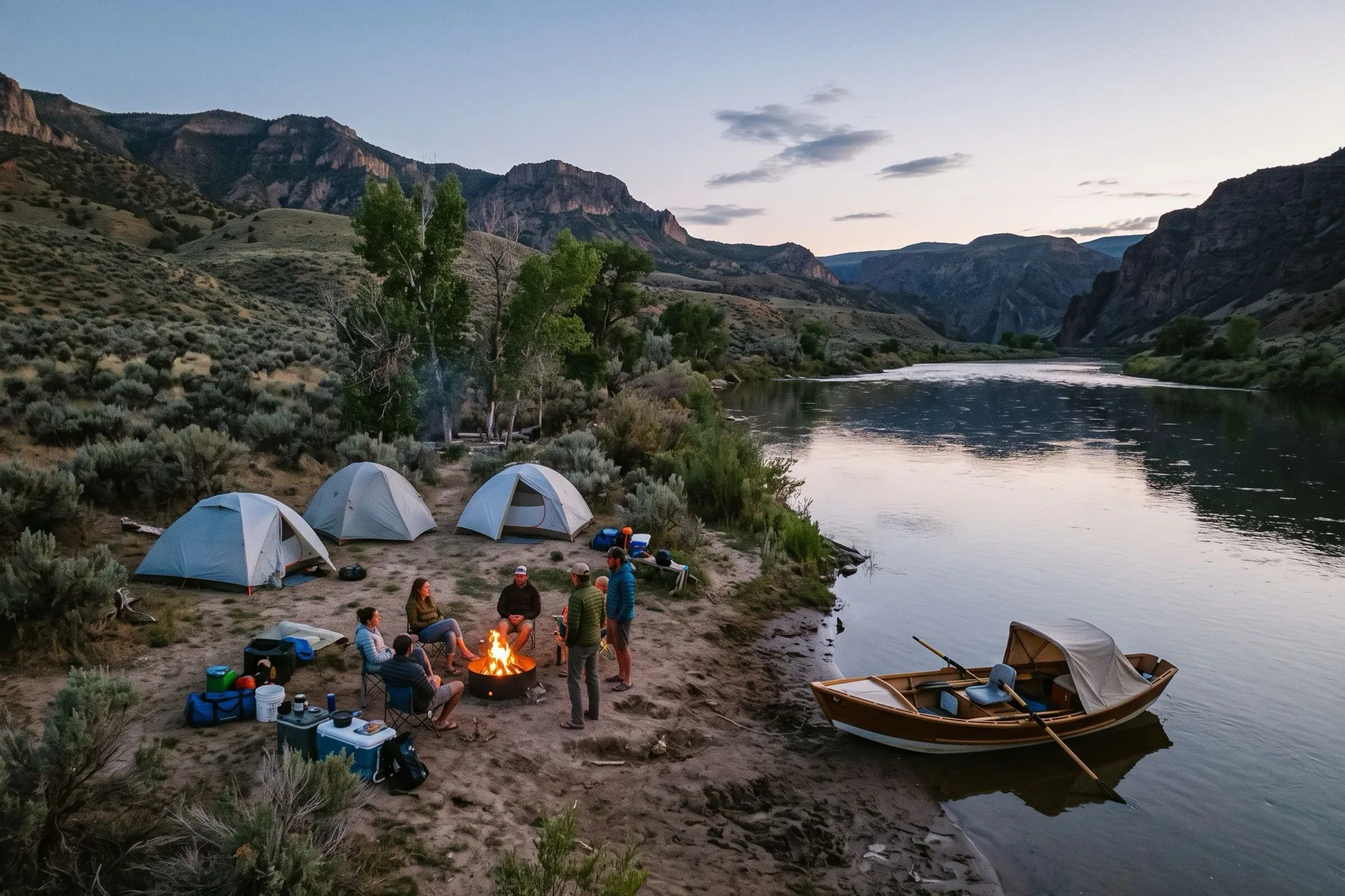 A riverside camp at dusk: tents, a campfire, and a drift boat pulled up on the sand